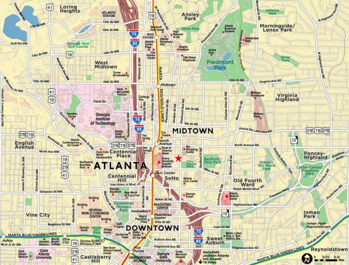 kaart van binnenstad van Atlanta