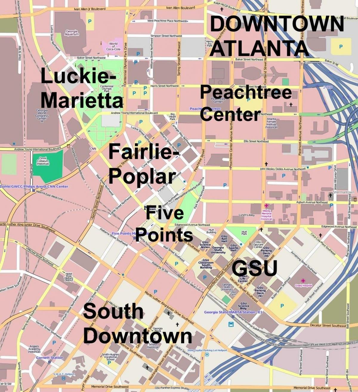 kaart van de binnenstad van Atlanta